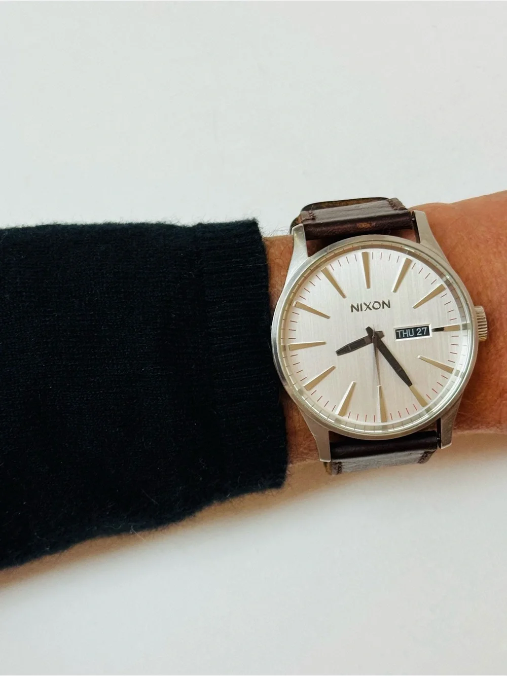 Nixon The Sentry 42mm Men's Day/Date Watch Silver Dial Brown Leather